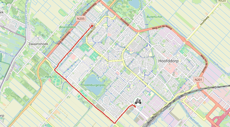 Kaart van de omgeving van de melding, met de kazerne die is gealarmeerd