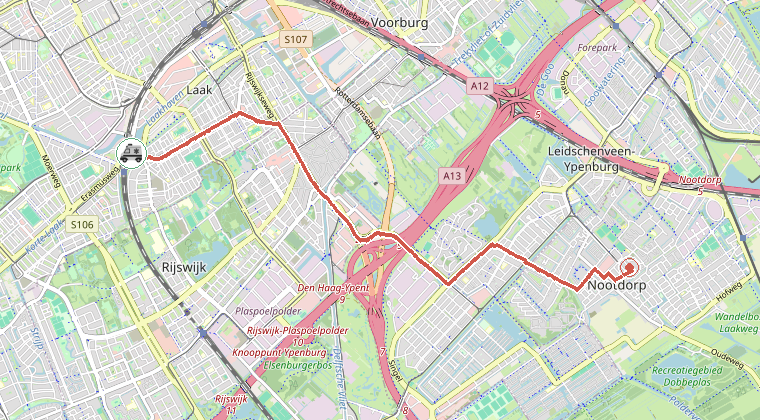 Kaart van de omgeving van de melding, met de kazerne die is gealarmeerd