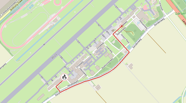 Kaart van de omgeving van de melding, met de kazerne die is gealarmeerd