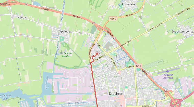 Kaart van de omgeving van de melding, met de kazerne die is gealarmeerd