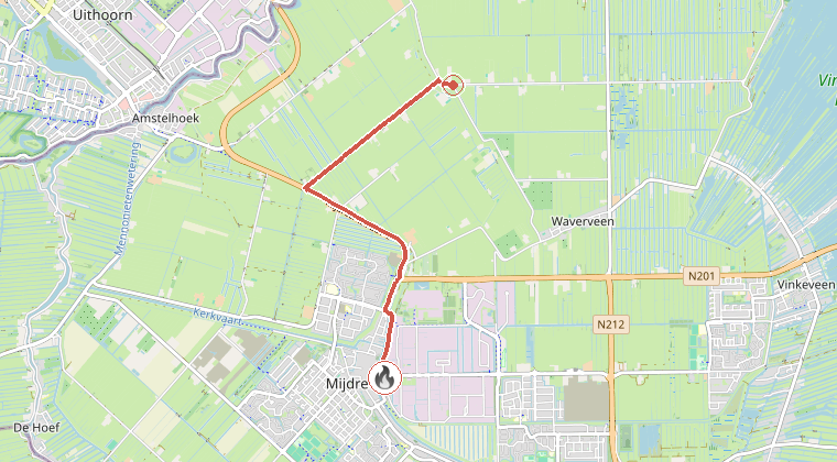 Kaart van de omgeving van de melding, met de kazerne die is gealarmeerd