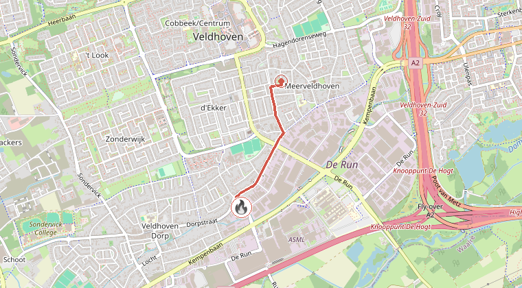 Kaart van de omgeving van de melding, met de kazerne die is gealarmeerd