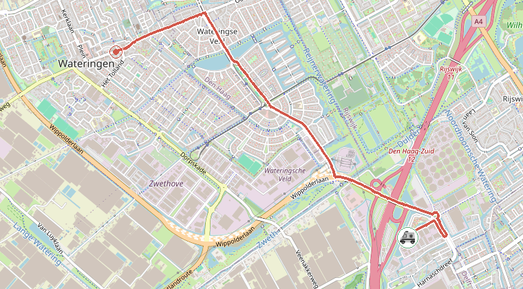 Kaart van de omgeving van de melding, met de kazerne die is gealarmeerd