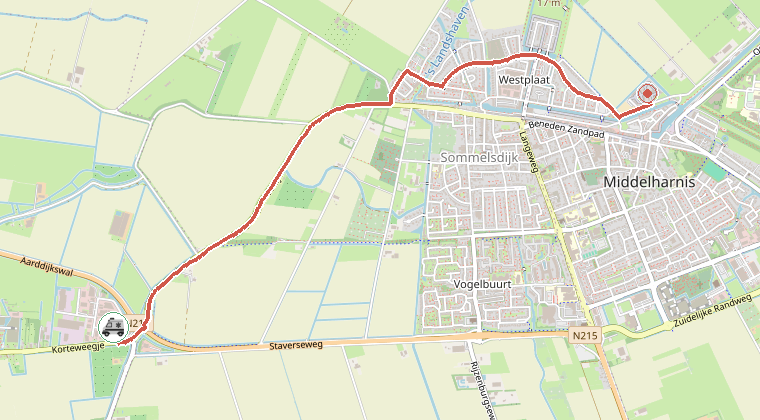 Kaart van de omgeving van de melding, met de kazerne die is gealarmeerd