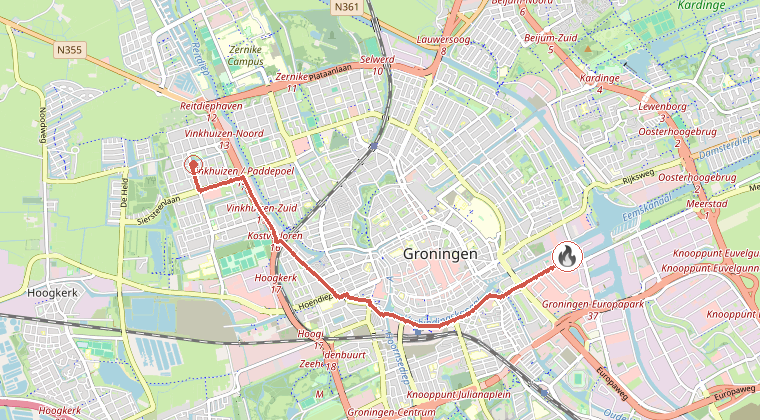 Kaart van de omgeving van de melding, met de kazerne die is gealarmeerd