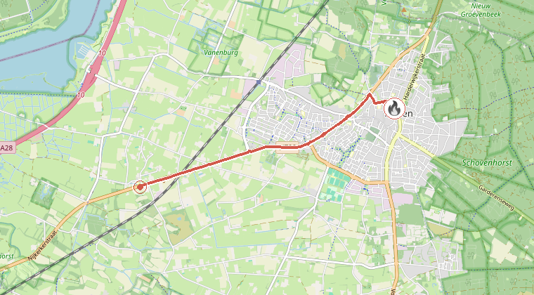 Kaart van de omgeving van de melding, met de kazerne die is gealarmeerd