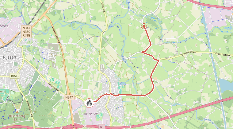 Kaart van de omgeving van de melding, met de kazerne die is gealarmeerd