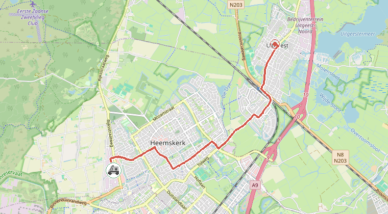 Kaart van de omgeving van de melding, met de kazerne die is gealarmeerd