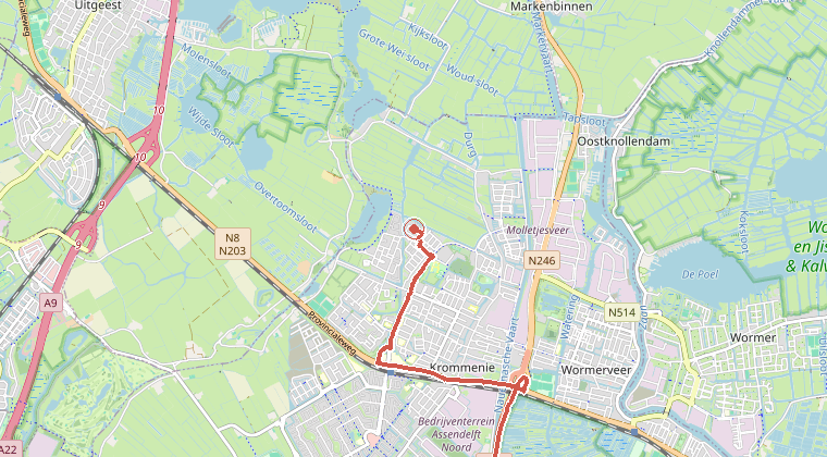Kaart van de omgeving van de melding, met de kazerne die is gealarmeerd