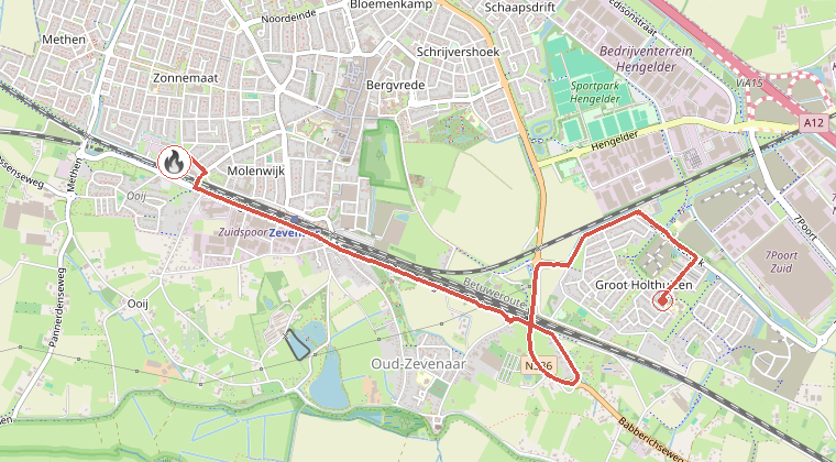 Kaart van de omgeving van de melding, met de kazerne die is gealarmeerd