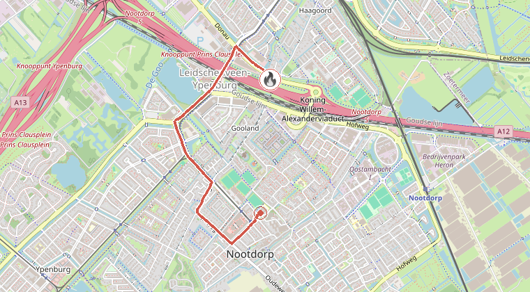 Kaart van de omgeving van de melding, met de kazerne die is gealarmeerd