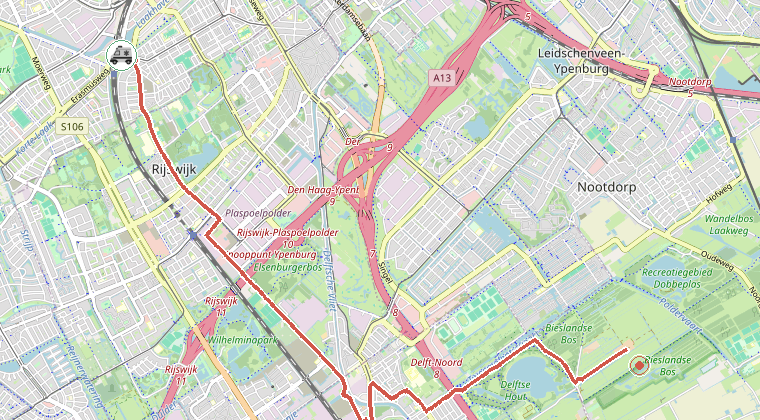 Kaart van de omgeving van de melding, met de kazerne die is gealarmeerd
