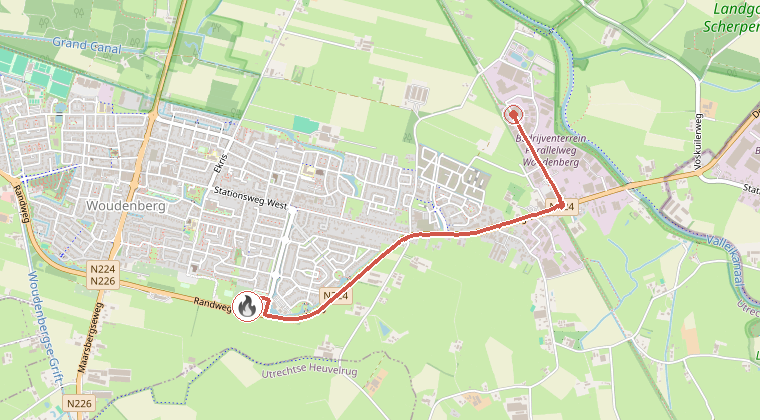 Kaart van de omgeving van de melding, met de kazerne die is gealarmeerd