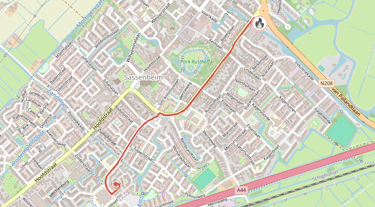 Kaart van de omgeving van de melding, met de kazerne die is gealarmeerd