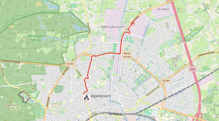 Kaart van de omgeving van de melding, met de kazerne die is gealarmeerd