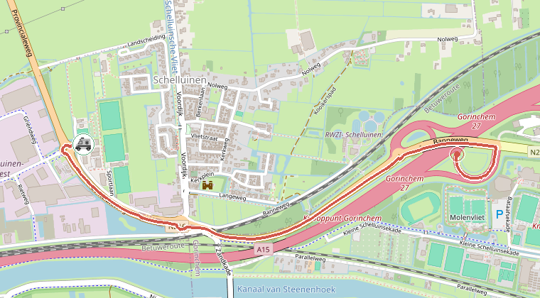 Kaart van de omgeving van de melding, met de kazerne die is gealarmeerd