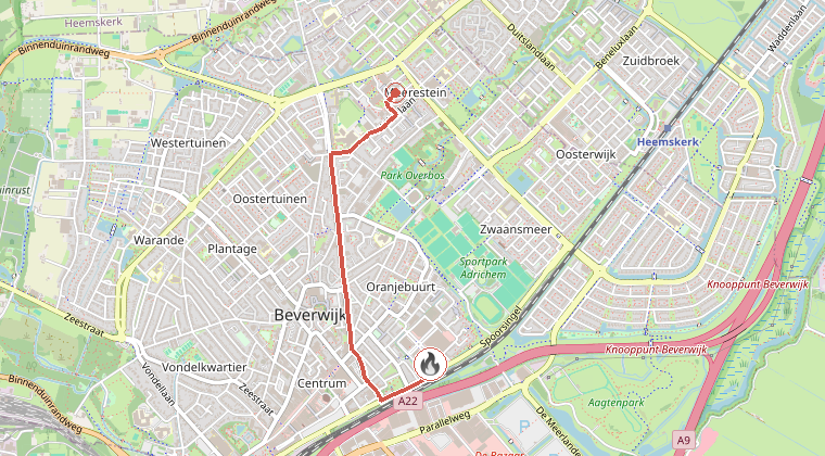 Kaart van de omgeving van de melding, met de kazerne die is gealarmeerd
