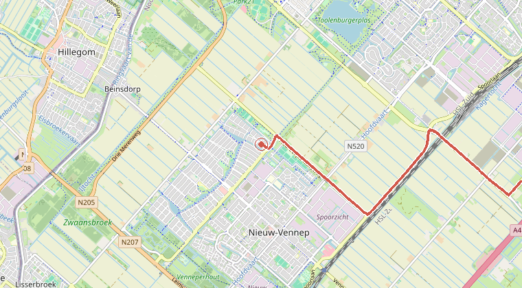 Kaart van de omgeving van de melding, met de kazerne die is gealarmeerd