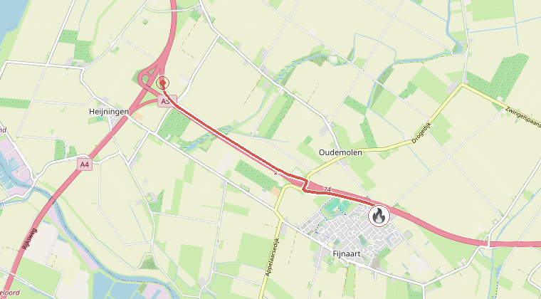 Kaart van de omgeving van de melding, met de kazerne die is gealarmeerd