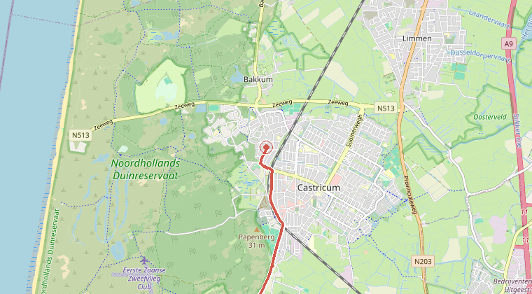 Kaart van de omgeving van de melding, met de kazerne die is gealarmeerd