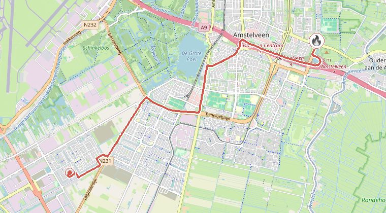 Kaart van de omgeving van de melding, met de kazerne die is gealarmeerd