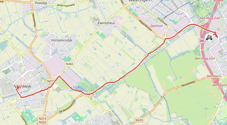 Kaart van de omgeving van de melding, met de kazerne die is gealarmeerd