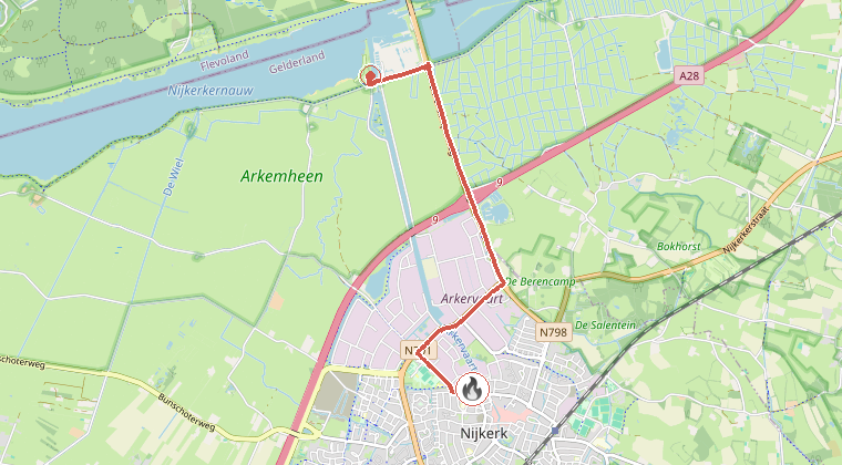 Kaart van de omgeving van de melding, met de kazerne die is gealarmeerd