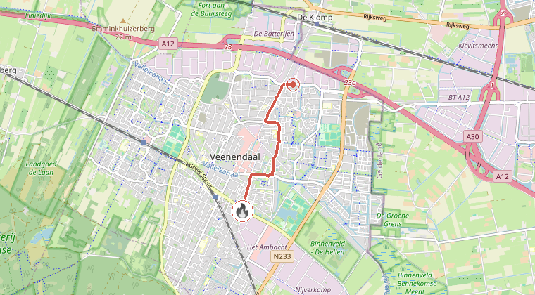Kaart van de omgeving van de melding, met de kazerne die is gealarmeerd