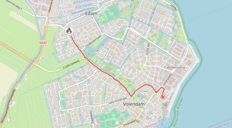 Kaart van de omgeving van de melding, met de kazerne die is gealarmeerd