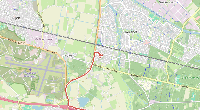 Kaart van de omgeving van de melding, met de kazerne die is gealarmeerd