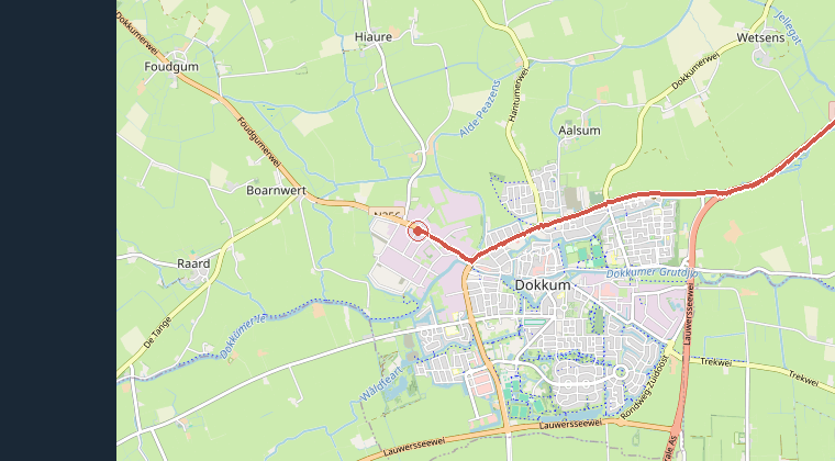 Kaart van de omgeving van de melding, met de kazerne die is gealarmeerd
