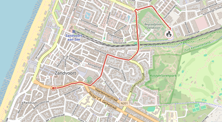 Kaart van de omgeving van de melding, met de kazerne die is gealarmeerd