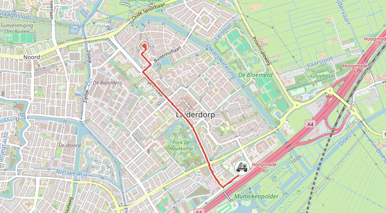 Kaart van de omgeving van de melding, met de kazerne die is gealarmeerd