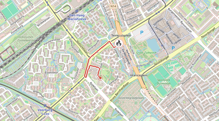 Kaart van de omgeving van de melding, met de kazerne die is gealarmeerd