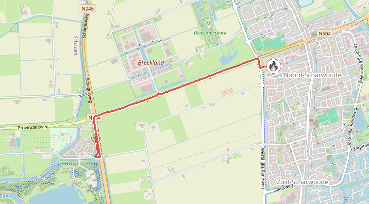 Kaart van de omgeving van de melding, met de kazerne die is gealarmeerd