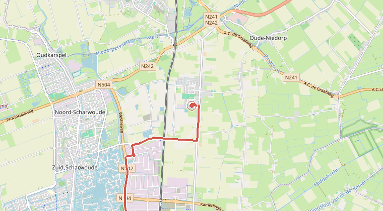 Kaart van de omgeving van de melding, met de kazerne die is gealarmeerd