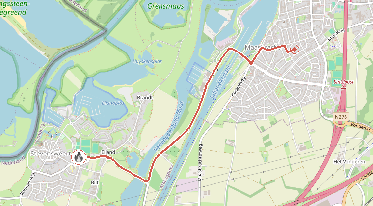 Kaart van de omgeving van de melding, met de kazerne die is gealarmeerd