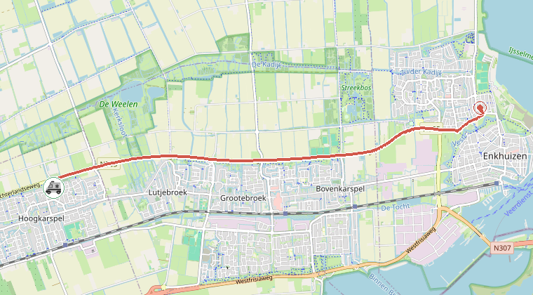 Kaart van de omgeving van de melding, met de kazerne die is gealarmeerd