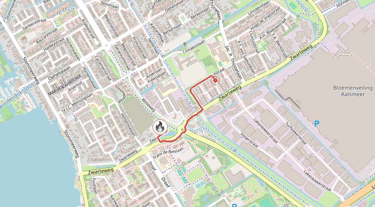 Kaart van de omgeving van de melding, met de kazerne die is gealarmeerd