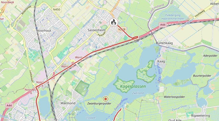 Kaart van de omgeving van de melding, met de kazerne die is gealarmeerd