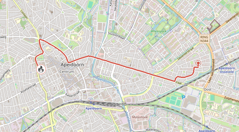 Kaart van de omgeving van de melding, met de kazerne die is gealarmeerd