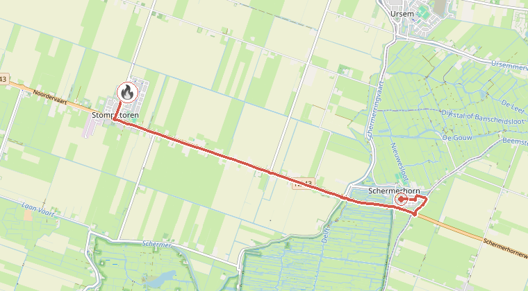 Kaart van de omgeving van de melding, met de kazerne die is gealarmeerd