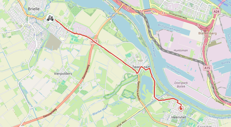 Kaart van de omgeving van de melding, met de kazerne die is gealarmeerd