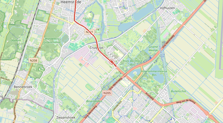 Kaart van de omgeving van de melding, met de kazerne die is gealarmeerd