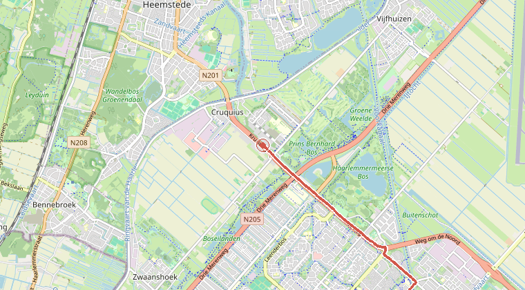 Kaart van de omgeving van de melding, met de kazerne die is gealarmeerd