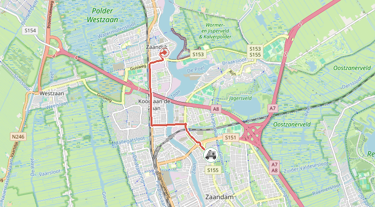 Kaart van de omgeving van de melding, met de kazerne die is gealarmeerd