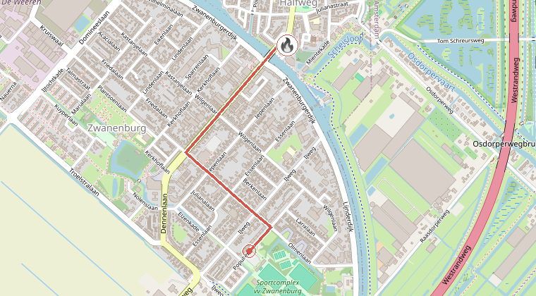 Kaart van de omgeving van de melding, met de kazerne die is gealarmeerd