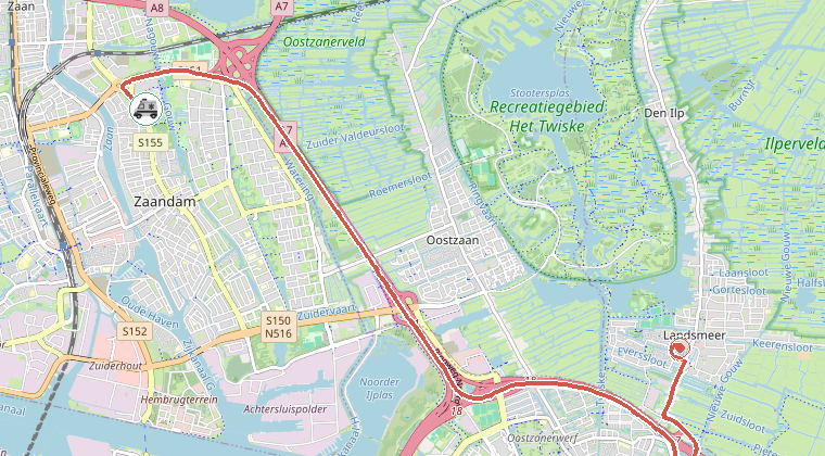 Kaart van de omgeving van de melding, met de kazerne die is gealarmeerd
