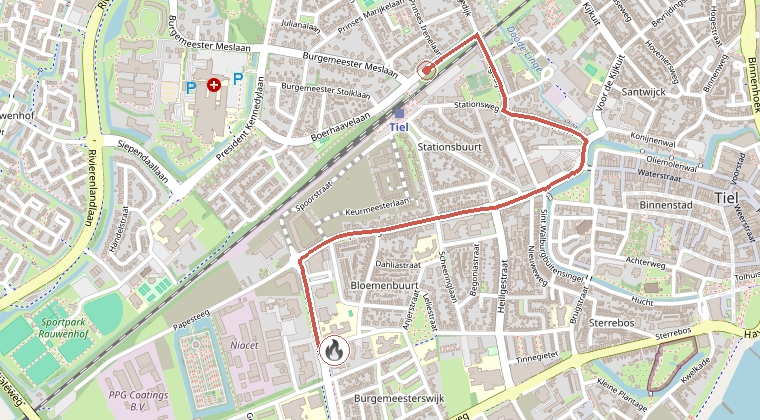 Kaart van de omgeving van de melding, met de kazerne die is gealarmeerd