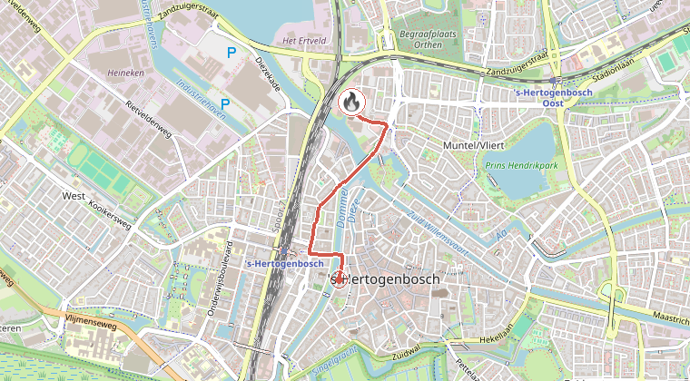 Kaart van de omgeving van de melding, met de kazerne die is gealarmeerd